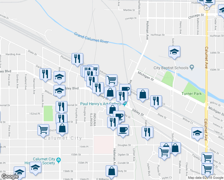 map of restaurants, bars, coffee shops, grocery stores, and more near 307 Willow Court in Hammond