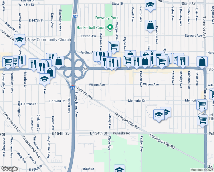 map of restaurants, bars, coffee shops, grocery stores, and more near 15105 Madison Avenue in Dolton
