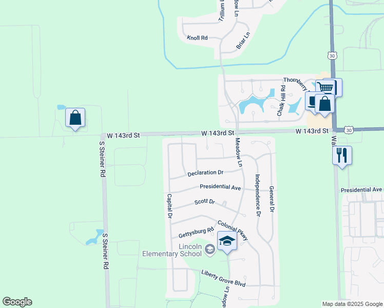 map of restaurants, bars, coffee shops, grocery stores, and more near 25205 Government Lane in Plainfield