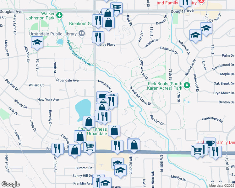 map of restaurants, bars, coffee shops, grocery stores, and more near 8525 Urbandale Avenue in Urbandale
