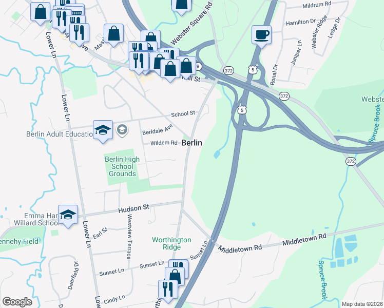 map of restaurants, bars, coffee shops, grocery stores, and more near 845 Worthington Ridge in Berlin