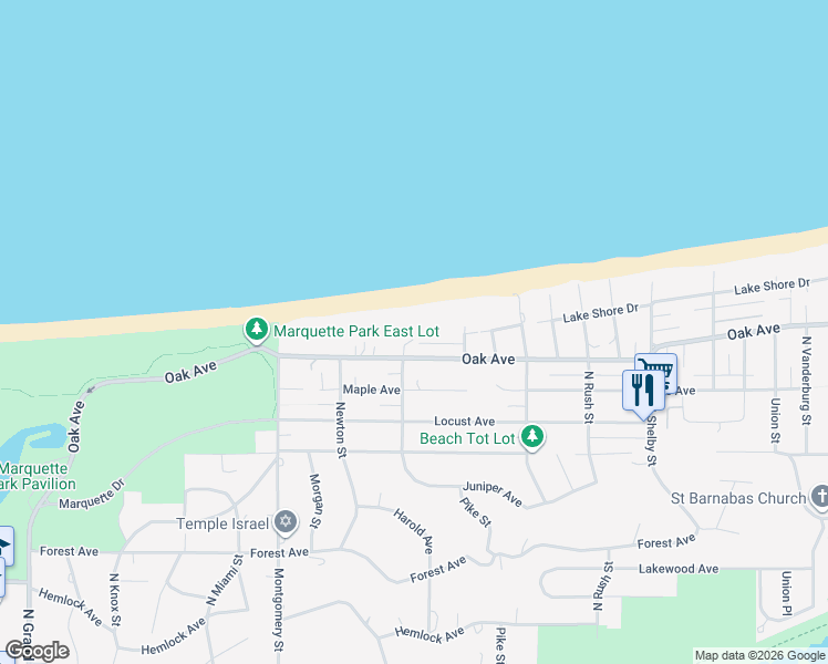 map of restaurants, bars, coffee shops, grocery stores, and more near 7625 Lake Shore Drive in Gary