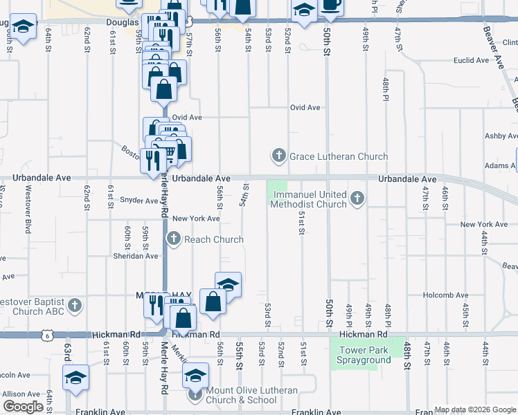 map of restaurants, bars, coffee shops, grocery stores, and more near 2814 53rd Street in Des Moines