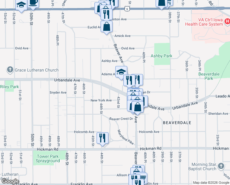 map of restaurants, bars, coffee shops, grocery stores, and more near 4232 Urbandale Avenue in Des Moines