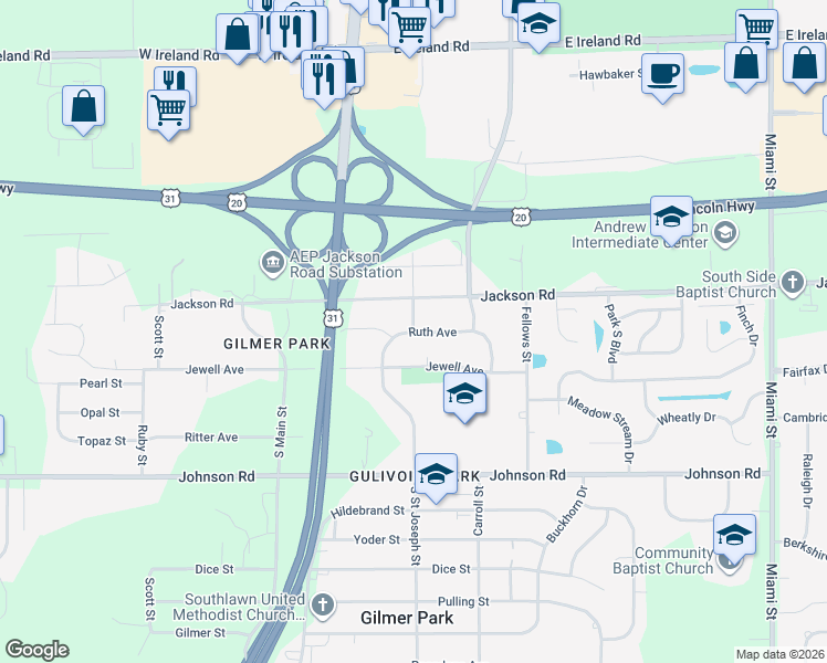 map of restaurants, bars, coffee shops, grocery stores, and more near 19670 Ruth Ave in South Bend