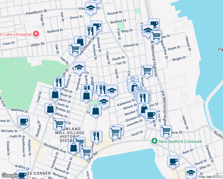 map of restaurants, bars, coffee shops, grocery stores, and more near 79 Crapo Street in New Bedford