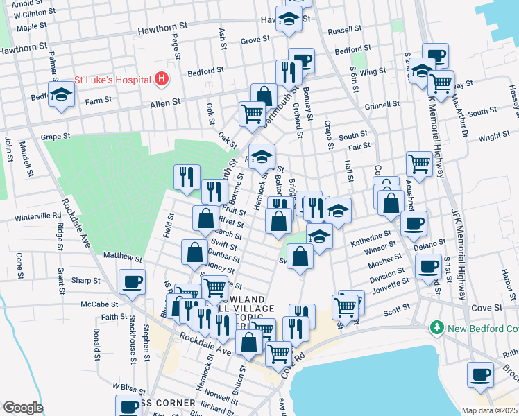 map of restaurants, bars, coffee shops, grocery stores, and more near 53 Fruit Street in New Bedford