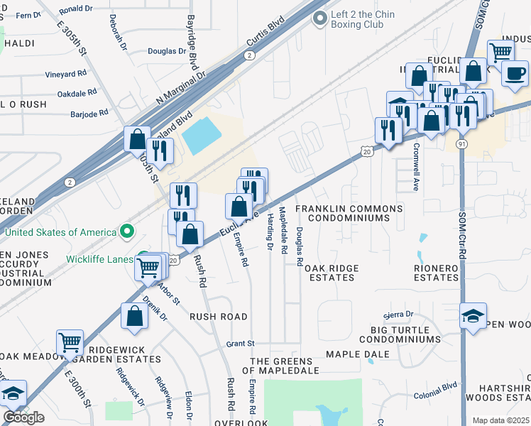 map of restaurants, bars, coffee shops, grocery stores, and more near in Wickliffe