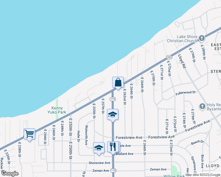 map of restaurants, bars, coffee shops, grocery stores, and more near 25781 Lakeshore Boulevard in Euclid