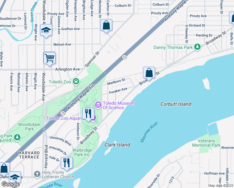 map of restaurants, bars, coffee shops, grocery stores, and more near 1021 Saint James Court in Toledo