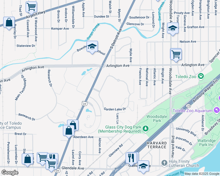 map of restaurants, bars, coffee shops, grocery stores, and more near 1015 Garden Lake Parkway in Toledo