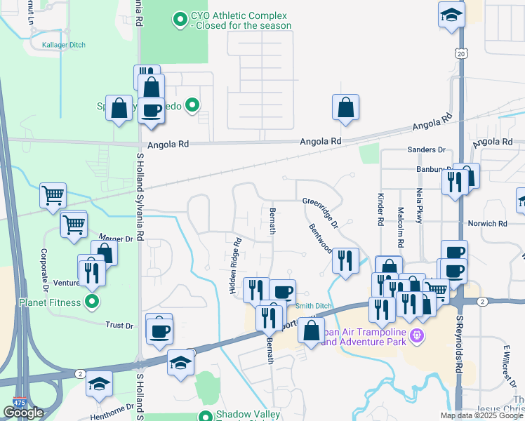 map of restaurants, bars, coffee shops, grocery stores, and more near 1128 Bernath in Toledo