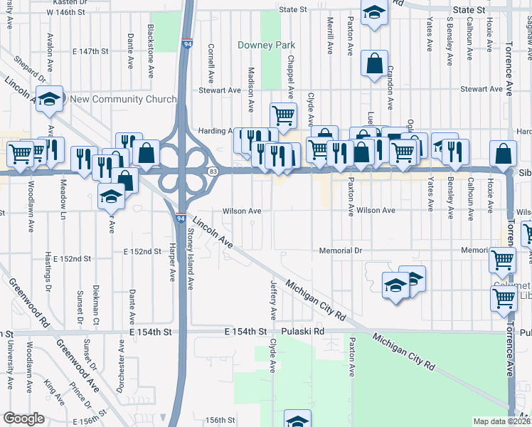 map of restaurants, bars, coffee shops, grocery stores, and more near 15105 Madison Avenue in Dolton