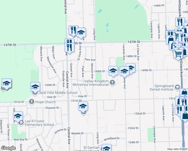 map of restaurants, bars, coffee shops, grocery stores, and more near 14901 Long Avenue in Oak Forest