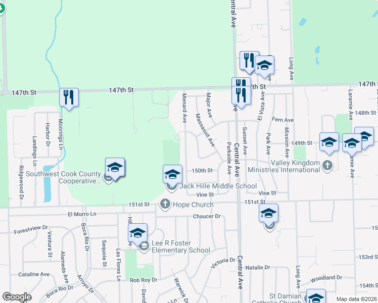 map of restaurants, bars, coffee shops, grocery stores, and more near 14841 Menard Avenue in Oak Forest