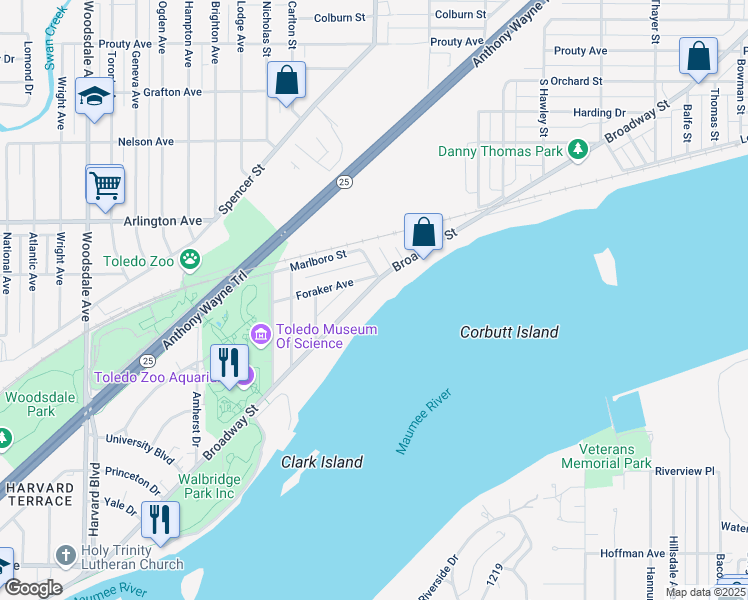 map of restaurants, bars, coffee shops, grocery stores, and more near 2531 Broadway Street in Toledo