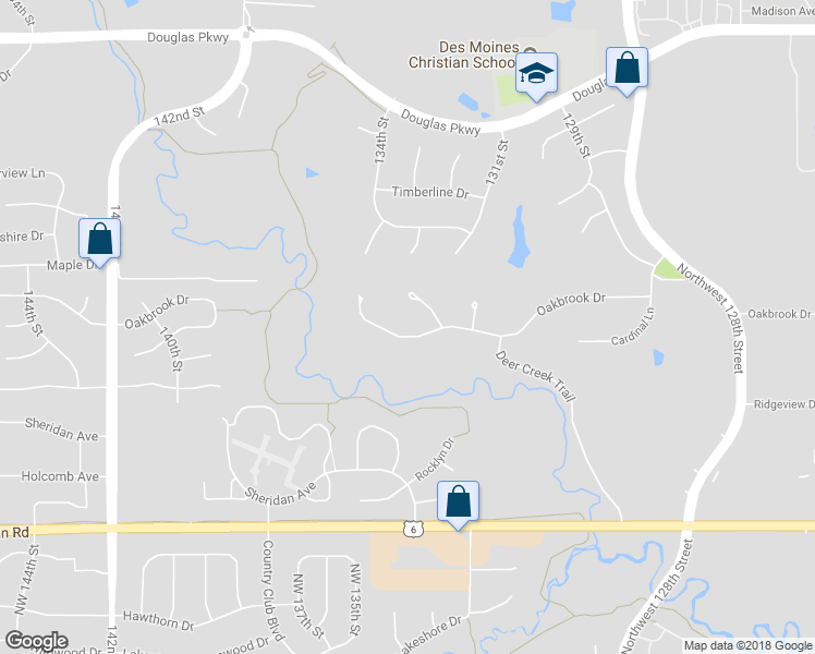 map of restaurants, bars, coffee shops, grocery stores, and more near 13399 Oak Brook Drive in Urbandale