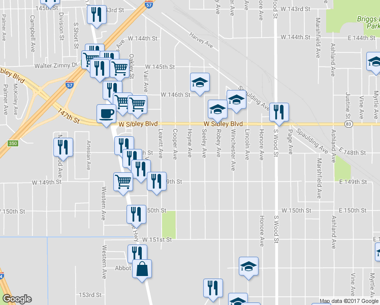 map of restaurants, bars, coffee shops, grocery stores, and more near West 148th Street in Harvey