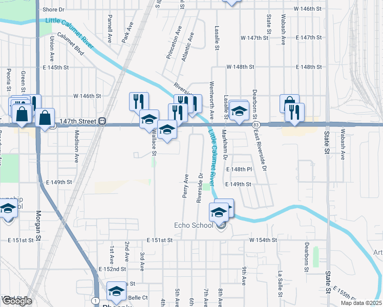 map of restaurants, bars, coffee shops, grocery stores, and more near 14757 Perry Avenue in South Holland