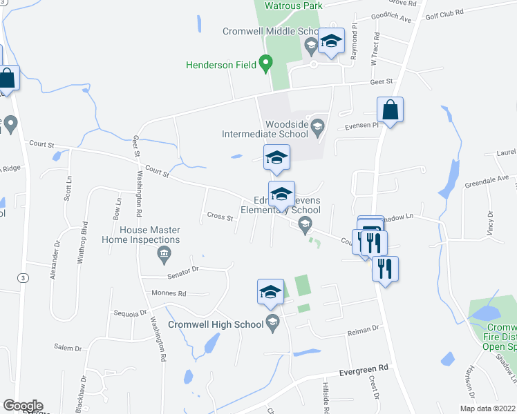 map of restaurants, bars, coffee shops, grocery stores, and more near 3 Southwood Rd in Cromwell
