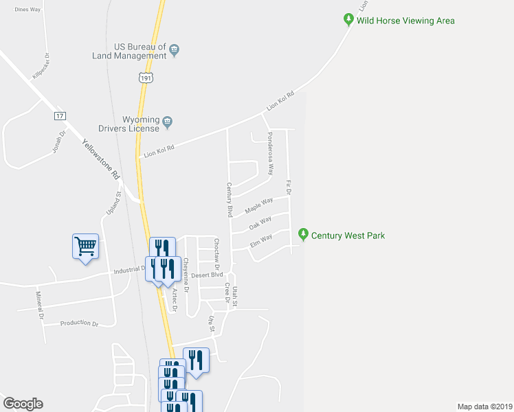 map of restaurants, bars, coffee shops, grocery stores, and more near 1029 Maple Way in Rock Springs