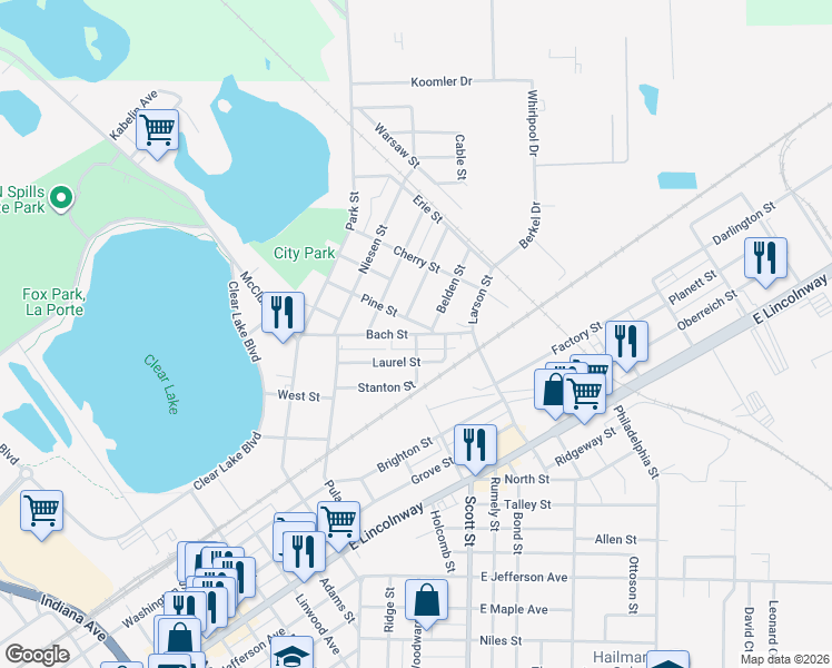map of restaurants, bars, coffee shops, grocery stores, and more near 498 Bach St in La Porte
