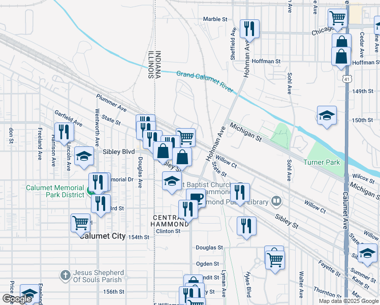map of restaurants, bars, coffee shops, grocery stores, and more near 115 Sibley Street in Hammond