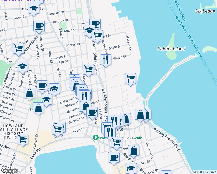 map of restaurants, bars, coffee shops, grocery stores, and more near 865 South Water Street in New Bedford