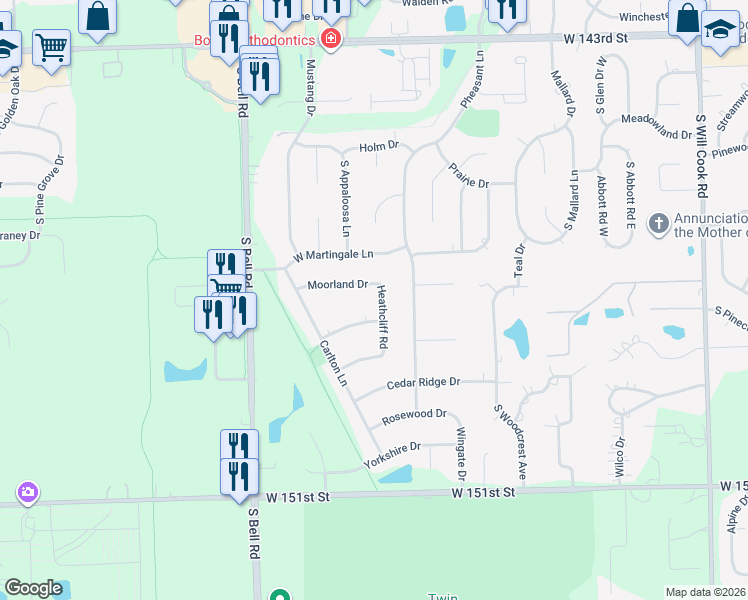 map of restaurants, bars, coffee shops, grocery stores, and more near 14722 Heathcliff Road in Homer Glen