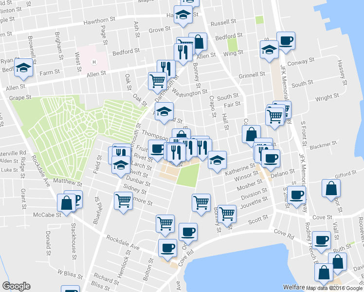 map of restaurants, bars, coffee shops, grocery stores, and more near 450 Bolton Street in New Bedford