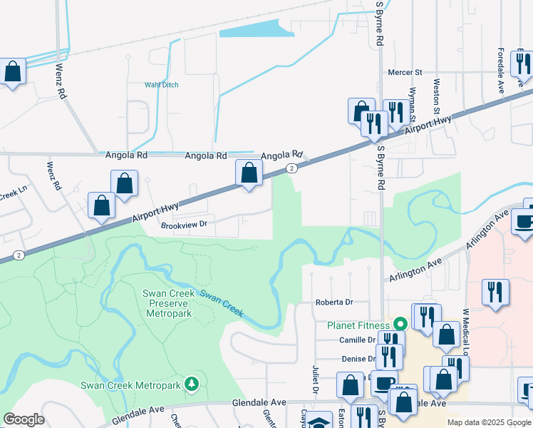 map of restaurants, bars, coffee shops, grocery stores, and more near 1408 Brookview Drive in Toledo