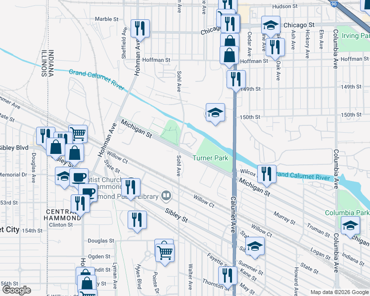 map of restaurants, bars, coffee shops, grocery stores, and more near 600-688 Michigan St in Hammond