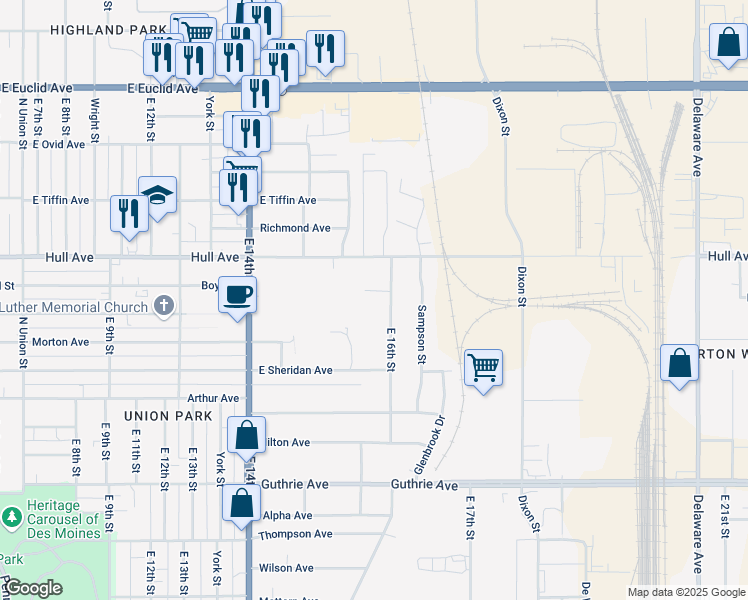 map of restaurants, bars, coffee shops, grocery stores, and more near 1519 Hull Avenue in Des Moines