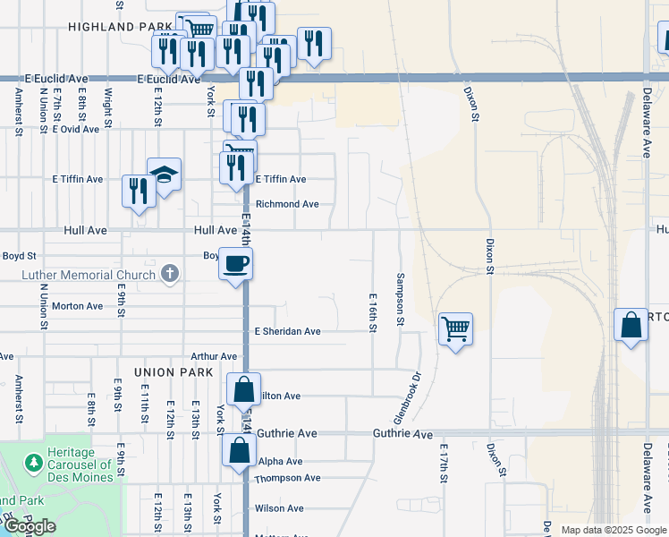 map of restaurants, bars, coffee shops, grocery stores, and more near 2729 East 14th Street in Des Moines