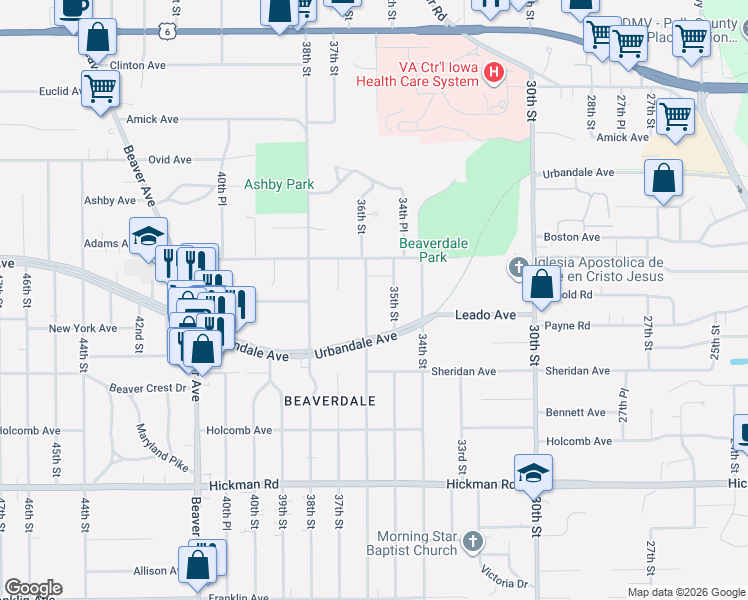 map of restaurants, bars, coffee shops, grocery stores, and more near 2824 36th Street in Des Moines