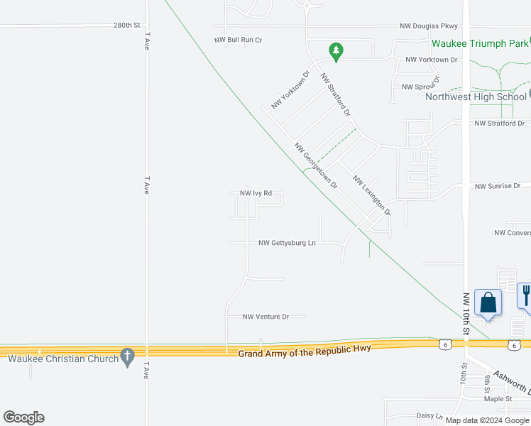 map of restaurants, bars, coffee shops, grocery stores, and more near Raccoon River Valley Trail in Waukee