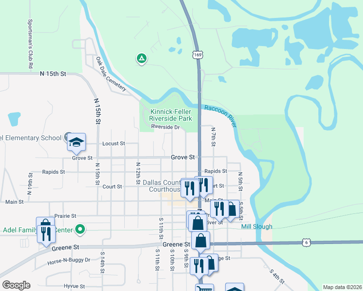 map of restaurants, bars, coffee shops, grocery stores, and more near 816 Grove Street in Adel