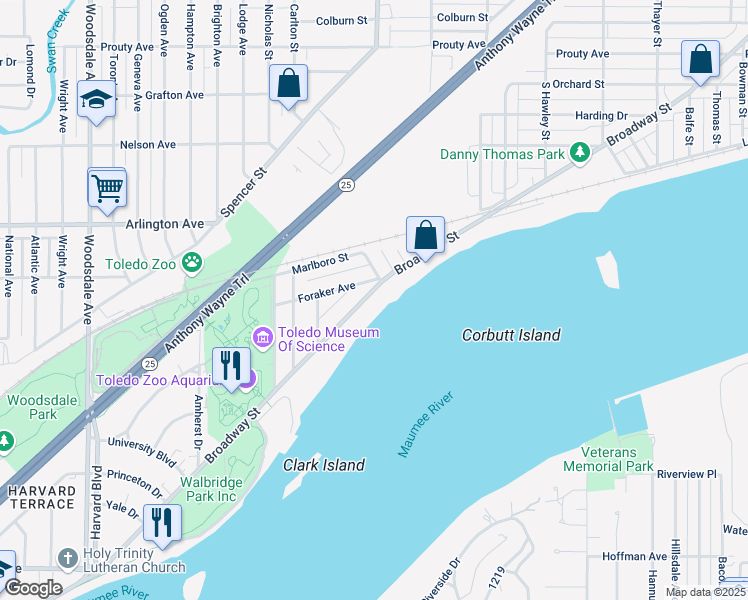 map of restaurants, bars, coffee shops, grocery stores, and more near 2531 Broadway Street in Toledo