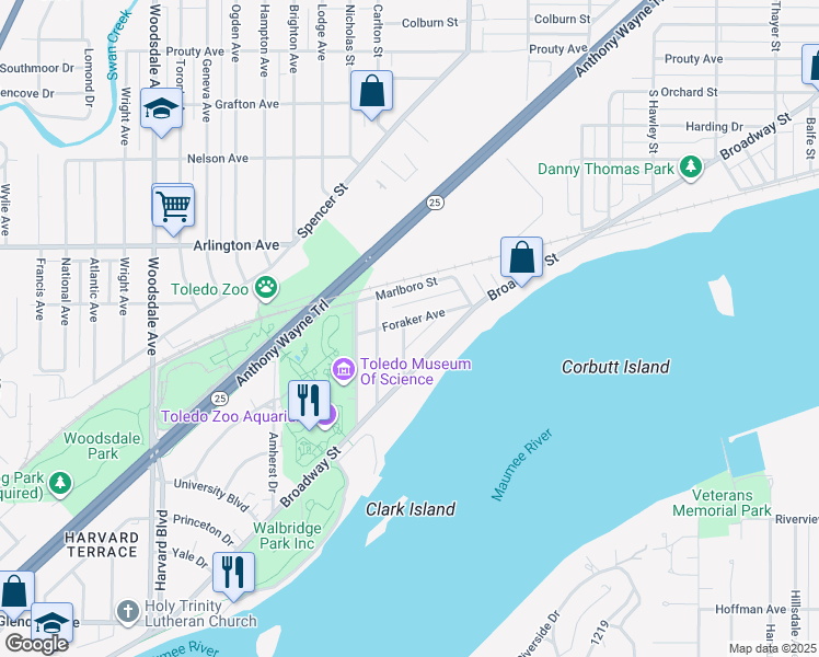 map of restaurants, bars, coffee shops, grocery stores, and more near 2563 Foraker Avenue in Toledo