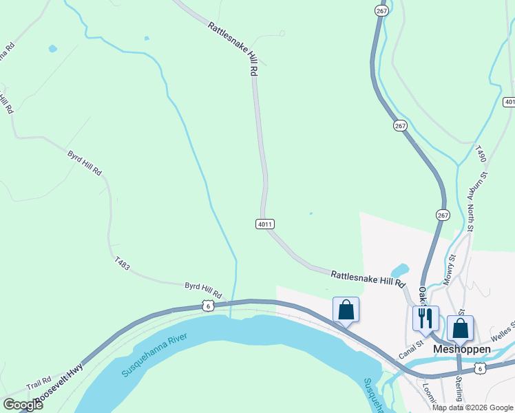 map of restaurants, bars, coffee shops, grocery stores, and more near Rattle Snake Hill Rd in Meshoppen