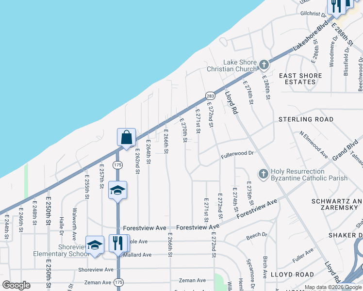 map of restaurants, bars, coffee shops, grocery stores, and more near 296 East 270th Street in Euclid