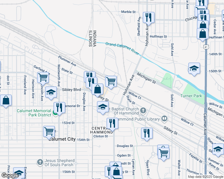 map of restaurants, bars, coffee shops, grocery stores, and more near 115 Sibley Street in Hammond
