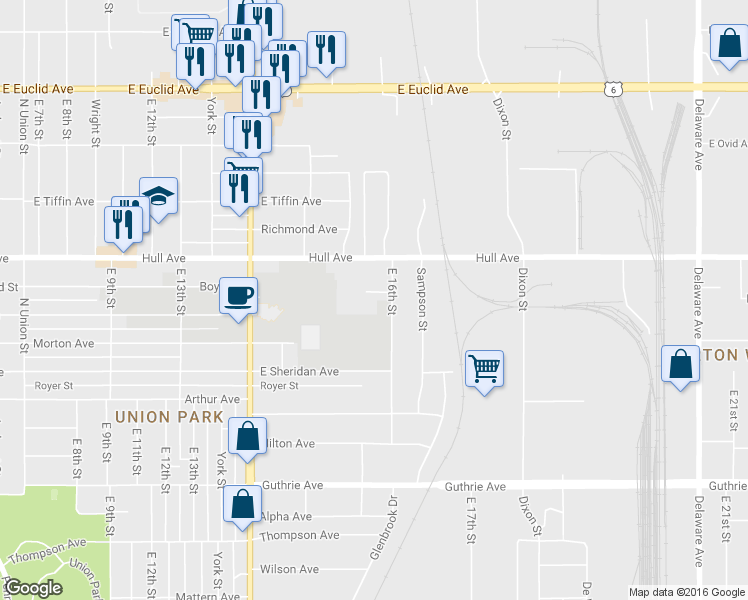 map of restaurants, bars, coffee shops, grocery stores, and more near 1519 Hull Avenue in Des Moines