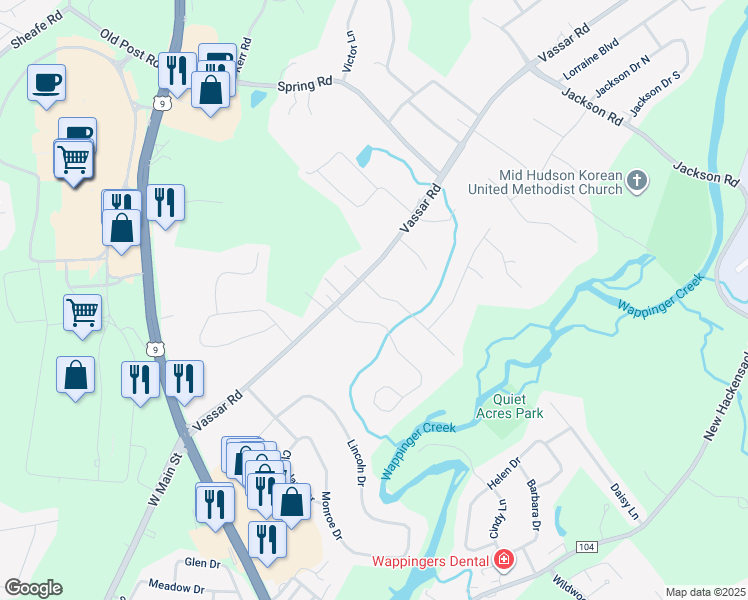 map of restaurants, bars, coffee shops, grocery stores, and more near 4 Wasson Drive in Poughkeepsie