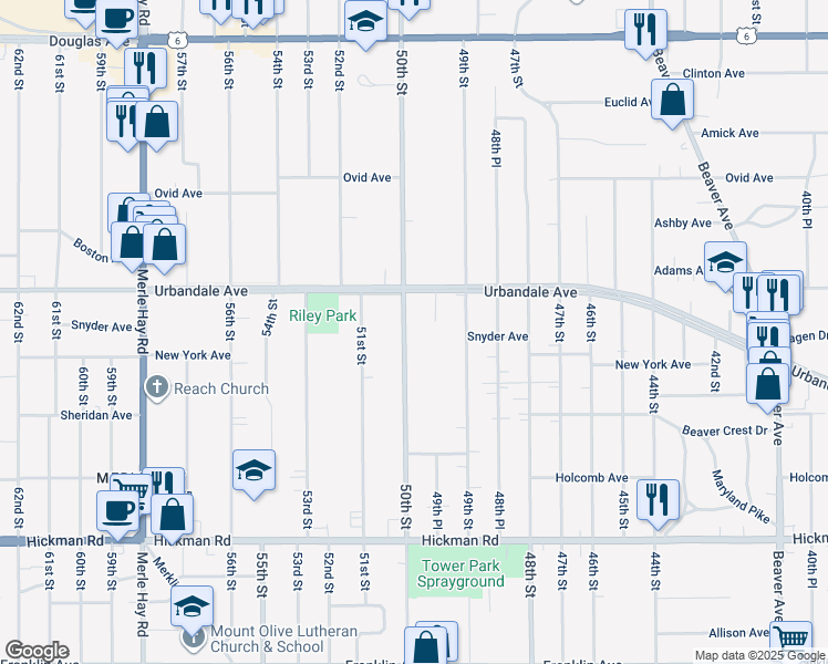 map of restaurants, bars, coffee shops, grocery stores, and more near 2903 50th Street in Des Moines