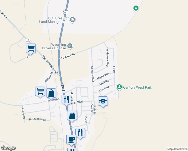 map of restaurants, bars, coffee shops, grocery stores, and more near 1005 Maple Way in Rock Springs