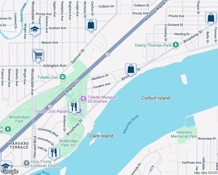 map of restaurants, bars, coffee shops, grocery stores, and more near 2549 Broadway Street in Toledo