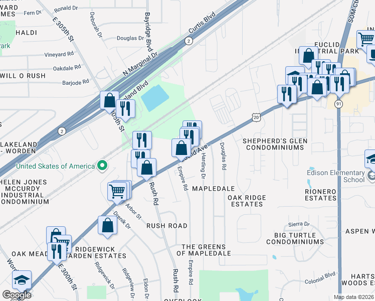 map of restaurants, bars, coffee shops, grocery stores, and more near 30609 Euclid Avenue in Wickliffe