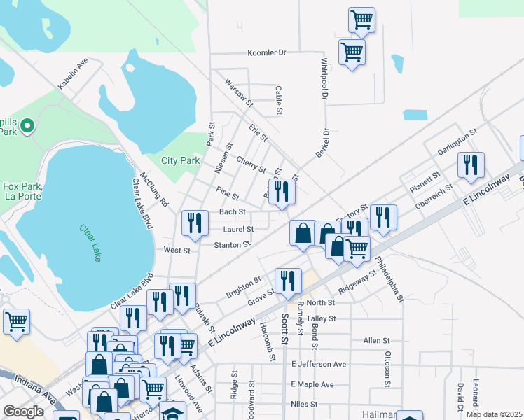 map of restaurants, bars, coffee shops, grocery stores, and more near 403 Siegel Street in La Porte