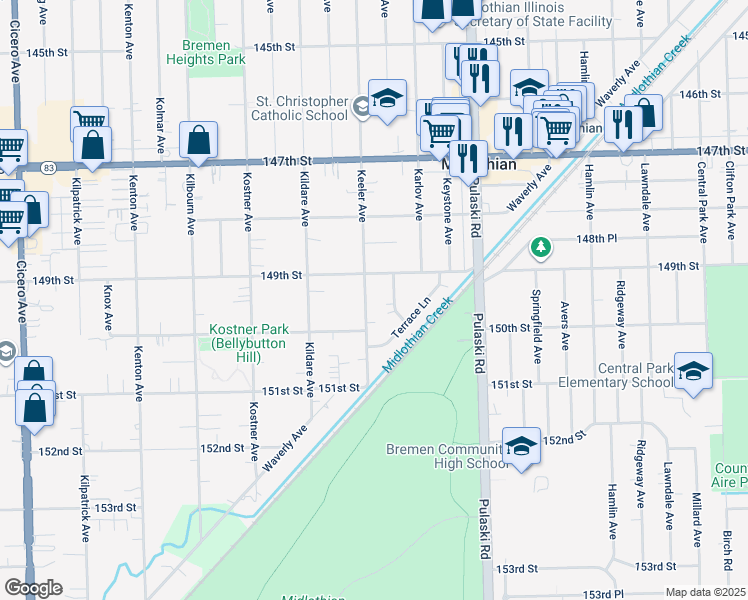 map of restaurants, bars, coffee shops, grocery stores, and more near 14927 Keeler Avenue in Midlothian